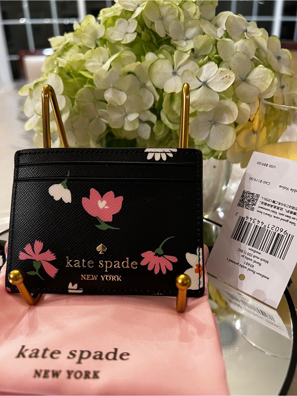 Kate Spade Madison Floral Small Slim Card Holder Black Pink NWT $89